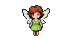 Playful pixie with auburn hair and white wings twirls acrobatically in a green dress.
