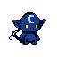 A small, dark blue goblin with glowing yellow eyes and a crescent moon emblem on its forehead sways and swings its arms rhythmically, appearing to mine.