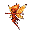 A fire pixie with luminous, outstretched wings, its body a gradient of red and orange flames, soars through the air.