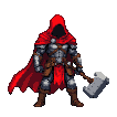 Warrior in full plate armor and a crimson hooded cloak, holding a large warhammer.