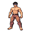 Shirtless, muscular man in a fighting stance, wearing dark goggles and brown pants, barefoot.