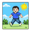 Young boy in blue shirt and jeans falling onto a grassy field, arms outstretched, with a pixelated sun and clouds in the background.