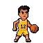 Young basketball player in a yellow jersey with number 12, dribbling a ball, mid-action.