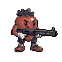 Anthropomorphic strawberry character with a determined expression, wearing shorts and white gloves, holding a large shotgun horizontally.