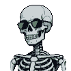 Stylized monochrome skeleton wearing heart-shaped sunglasses, with a subtly shifting jaw and pixelated details.
