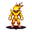 A fiery elemental creature with glowing red eyes, composed of flickering orange and yellow pixels, stands in a dynamic fighting pose.