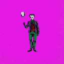 A pixelated character resembling the Joker, with white face, green hair, purple jacket, and red vest, stands center frame facing forward, tossing a light-colored object. The background is solid bright magenta.
