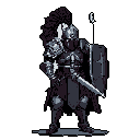 A solitary armored warrior stands ready, holding a shield and sword. The warrior wears a closed-face helmet with a dark plume, spiky pauldrons, and a tattered cape. A small white banner extends from their right shoulder.