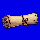 A rolled-up parchment scroll, aged beige and brown with a frayed edge, secured by a reddish-brown twine cord, set against a solid royal blue background.