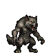 A hunched, powerfully built werewolf with bared fangs and glowing red eyes, moving to the right with a predatory gait.