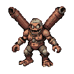 Grotesque, armored creature with twin back cannons, running right with aggressive momentum.