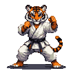 A white tiger in a karate gi and black belt, in a ready fighting stance.