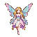A delicate fairy with flowing blonde hair and pastel-colored wings hovers, her light pink dress shimmering.