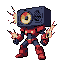 A pixel art character with a speaker for a head dances energetically, emitting bursts of light from its hands on a dark, textured background.