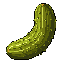 A horizontally oriented pickle with a slight upward curve, rendered in shades of olive green and yellow with visible bumps and ridges.