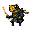 Anthropomorphic frog warrior in a combat crouch, holding a glowing yellow-orange serpentine weapon.