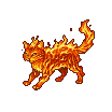 A cat made of flickering orange, red, and yellow flames prowls with an intense, fiery aura.