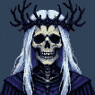 Skeletal figure with a gnarled branch crown and flowing white hair, surrounded by dark, rippling flames.