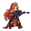 Regal warrior queen with auburn hair, golden crown, and ornate armor, wielding a scoped rifle and stepping forward.