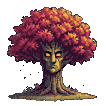 A sentient tree with a human-like face, glowing orange eyes, and vibrant red and orange autumn foliage, stands on textured earth against a dark background.