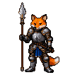 A fox knight in reflective plate armor, holding a spear, with a blue tunic visible.