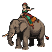 An elven rider in a green tunic and red sash sits atop a grey elephant with large tusks.