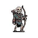 Skeletal archer in tattered teal tunic and brown leather armor, holding a bow vertically with a faint cyan glow in its left eye socket.
