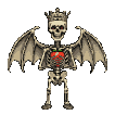 Regal skeleton with a crown and bat wings holds a red strawberry, ribcage glows with a heart-like core.