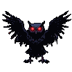 A menacing, inky black owl with sharp, pixelated wings spread wide and piercing crimson eyes that glow intensely.