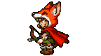 A running adventurer with a fox-eared hood, red cape, and green tunic, holding a bow.