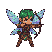 Diminutive pixie archer with green hair and shimmering wings draws back a bow.