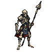 Skeletal knight in weathered armor and tattered red cape, holding a spear.