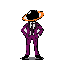 Anthropomorphic creature in a purple suit, standing with hands on hips. Its head is black and oval-shaped with an orange rim and a single white and grey eye.