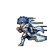 Spiky blue-haired warrior in white and blue armor runs with a flowing white cape.