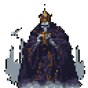 Skeletal figure in ornate dark robes and a golden crown, holding a golden cross.