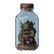 Furious green monster with sharp teeth and horns trapped inside a glass bottle, clawing and lunging to escape.