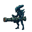A skeletal Xenomorph fires a rocket launcher, muzzle flash erupting.