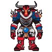 A minotaur with fiery red fur and dark horns, wearing blue pauldrons, a skeletal chest plate, crimson gauntlets and boots, and with skulls on its thighs.