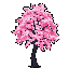 A stylized pixel art cherry blossom tree with a dense, vibrant pink canopy against a dark purple-grey background. Thin black branches and trunk are visible beneath the blooms, with scattered pink pixels suggesting falling petals.