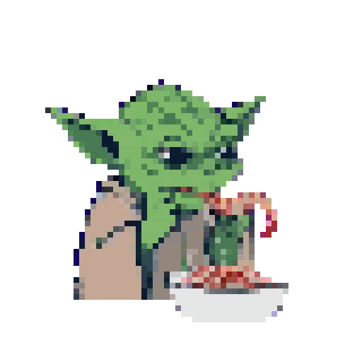 Yoda, in pixel art, eats a handful of reddish-pink shrimp from a white bowl.