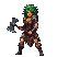Fierce warrior with vibrant green hair, clad in rugged leather armor, holds a formidable axe in a defensive stance.