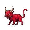 Ferocious red devil cat lunging forward, bared fangs, glowing eyes, sharp horns, menacing grin, rippling striped fur.