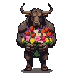 A muscular minotaur with imposing horns gently holds a vibrant, colorful bouquet of flowers.
