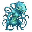 A menacing water elemental with glowing yellow eyes and sharp horns lunges forward, its translucent blue and green form swirling with liquid grace.