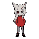 Chibi-style anthropomorphic fox or wolf-girl character with light gray fur, wearing a vibrant red turtleneck sweater. Stands facing forward with hands in pockets, head tilted, looking down. One eye is red, the other dark gray. Dark gray legs and black shoes.