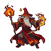 A fire wizard in crimson robes with a white beard and pointed hat conjures a roaring inferno atop his staff and a searing orb of fire.
