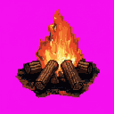 A vibrant pixel art bonfire with yellow, orange, and red flames erupting from a pile of dark brown logs against a solid magenta background.