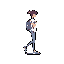 Stylized human figure in profile facing right, with dark brown hair in a bun, white short-sleeved top, light blue-grey pants, and white shoes with black soles. The figure's arms are crossed over their chest.