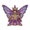 Regal pixie in a purple royal outfit and golden diadem, with iridescent butterfly wings unfurled, cradling a treasure chest overflowing with gold and jewels.