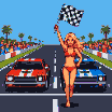 Two colorful arcade cars at a starting line, with a woman in a bikini waving a checkered flag. A cheering crowd and palm trees are in the background.